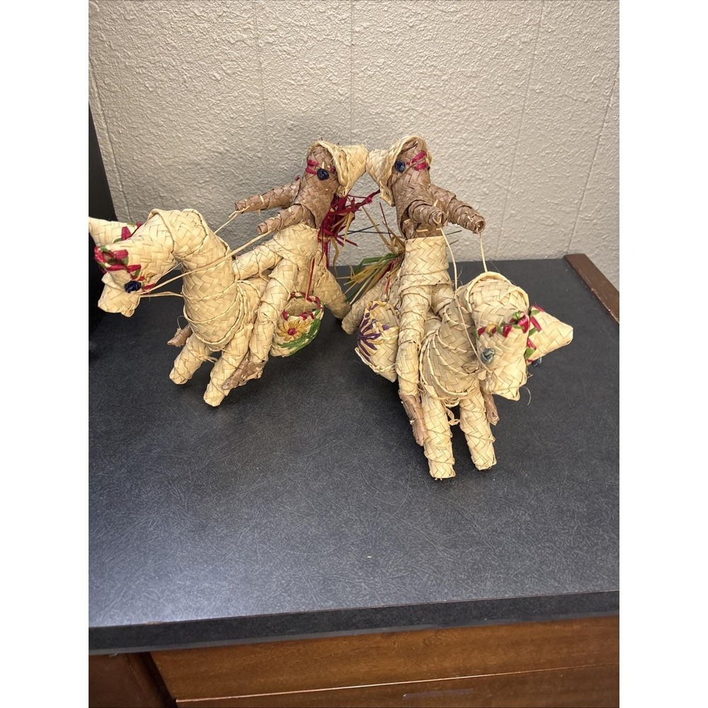 Pair of Vtg~Wicker Basket Weave~Festive Dolls on Horse~Handcrafted
